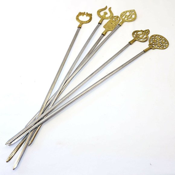 SOLD-6 Vintage 1960's Turkish Stainless Steel & Brass Shish Kebab Skewers, - Picture 1 of 11